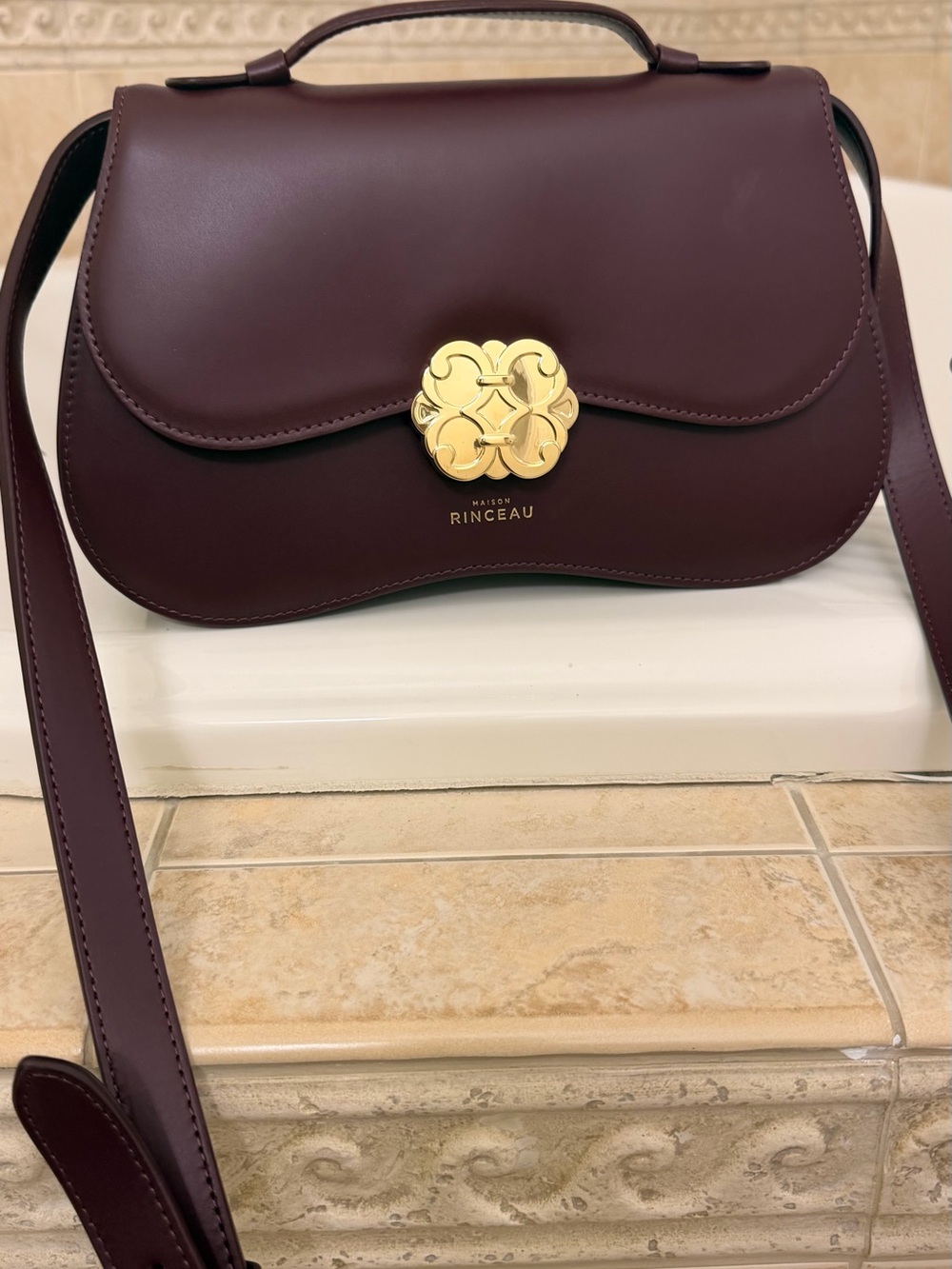 Maison Rinceau Italian Burgundy Leather Shoulder Bag with Gold Accent